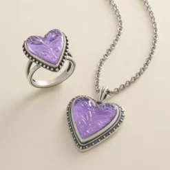 Sculpted Heart And Tulips Layered Gemstone Pendant -James Charm Sales SculptedHeartsTulips Purple col